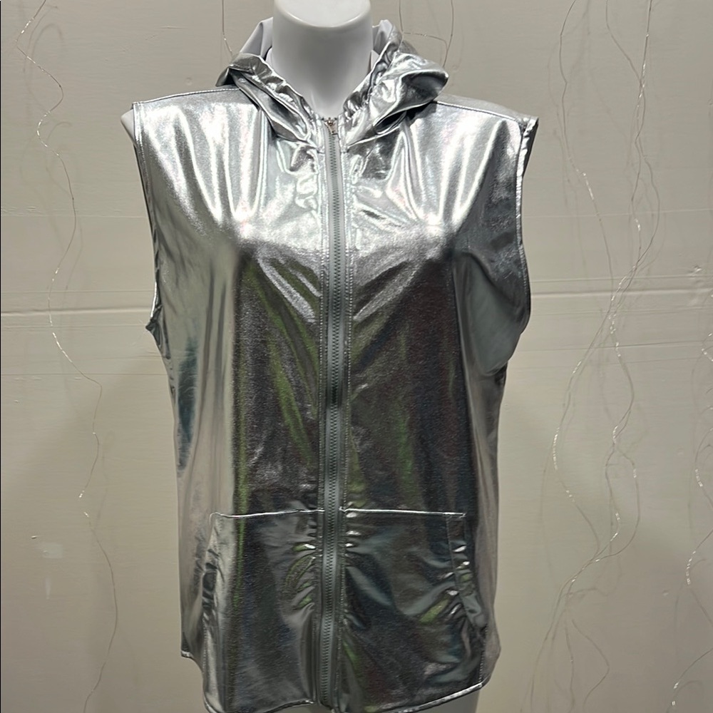 Silver Fitted Sleeveless Vest with High Collar